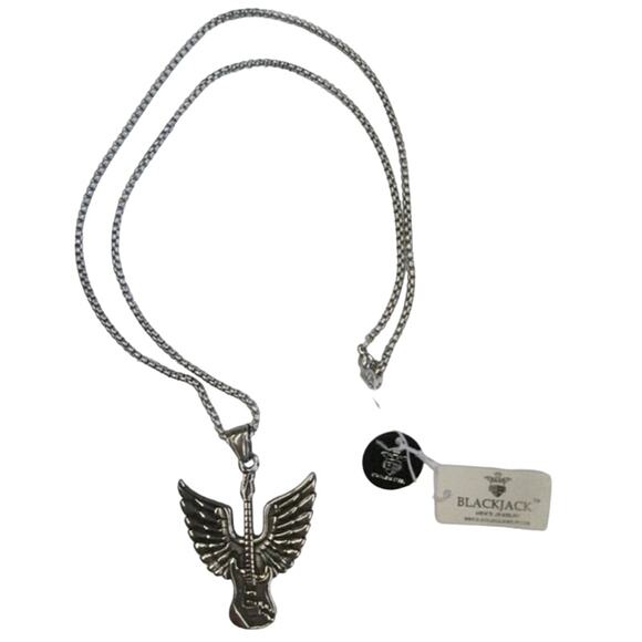 Black Jack Stainless Steel Necklace/Chain Silver Tone New Winged Guitar - Picture 2 of 6